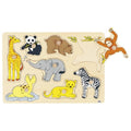 Wooden puzzle with various animal figures on a white background