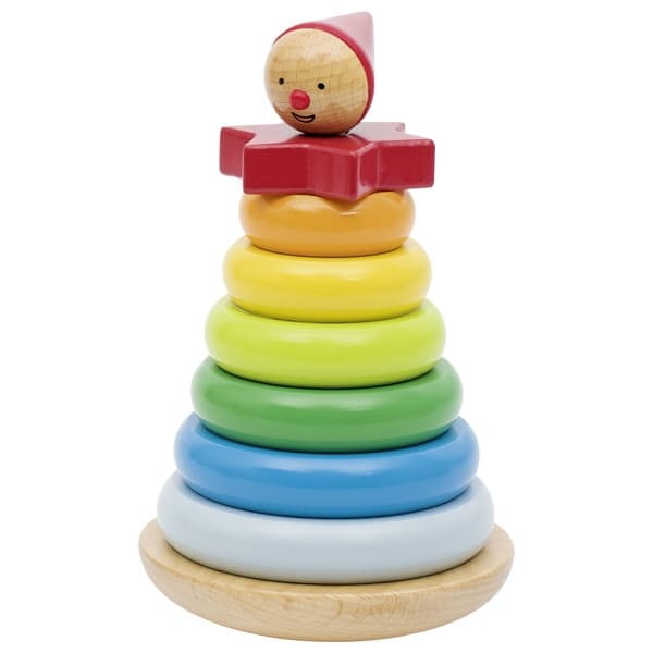 Wooden stacking toy with colorful rings and a clown figure on top against a white background