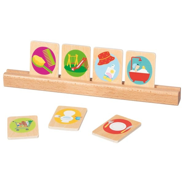 Set of wooden cards with colorful illustrations on a white background