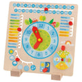 Wooden educational toy with clock and calendar features on a white background