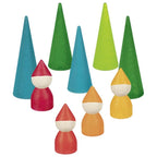 Set of colorful wooden gnomes with green and blue hats on a white background