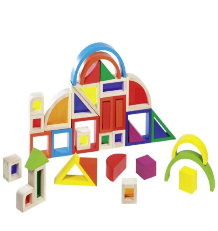 Colorful wooden building blocks on a white background