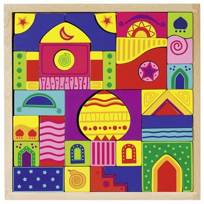 Colorful wooden puzzle with geometric shapes on a wooden frame