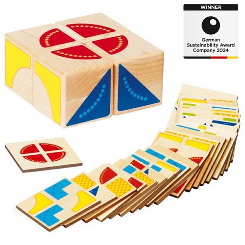 Wooden geometric shape sorting toy with colorful shapes and a 'Winner' label for German Sustainability Award Company 2024.