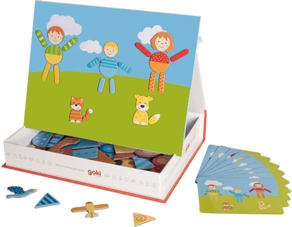 Children's educational game with character cards and a box featuring cartoon characters and animals.