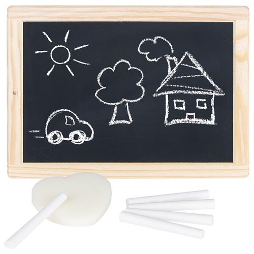 Small chalkboard with white chalk drawings of a sun, tree, house, and car, accompanied by a white chalk holder and additional chalk sticks on a white background.