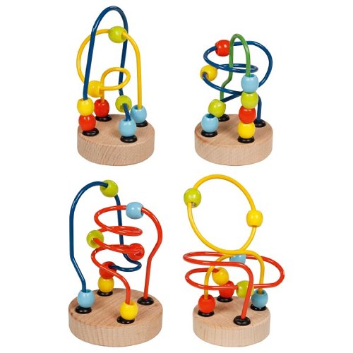 Set of four colorful wooden bead labyrinths on a white background
