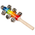 Colorful jingle bell instrument with wooden handle on a white background