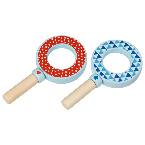 Two wooden magnifying glasses with colorful patterns on a white background