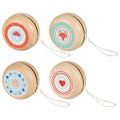 Four wooden yoyos with colorful designs on a white background