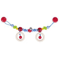 Colorful baby teething toy with beads and rings on a white background