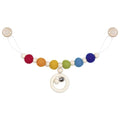 Colorful baby teething necklace with beads and a ring on a white background