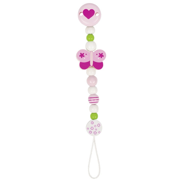 Beaded pacifier clip with butterfly design on a white background