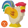Colorful wooden rooster toy with 'spiel gut' label on a white background