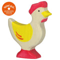 Wooden chicken toy with red and yellow colors on a white background, featuring the Spiel Gut logo.