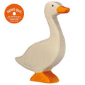 Wooden goose toy with 'spiel gut' logo on a white background