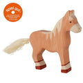 Wooden horse toy with 'spiel gut' logo on a white background