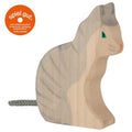 Wooden cat toy with a rope tail, branded 'spiel gut', on a white background