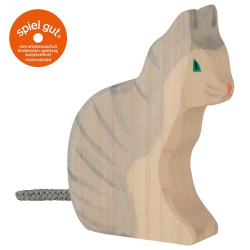 Wooden cat toy with a rope tail, branded 'spiel gut', on a white background