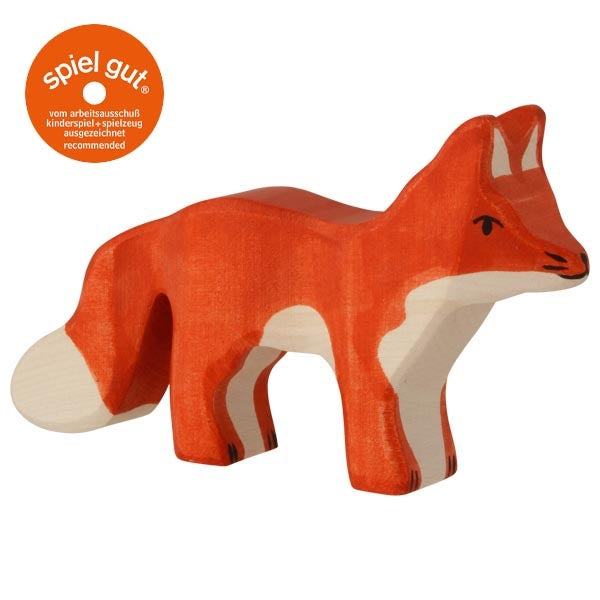 Wooden fox toy with 'spiel gut' logo on a white background
