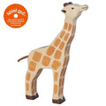 Wooden giraffe toy with 'spiel gut' logo on a white background