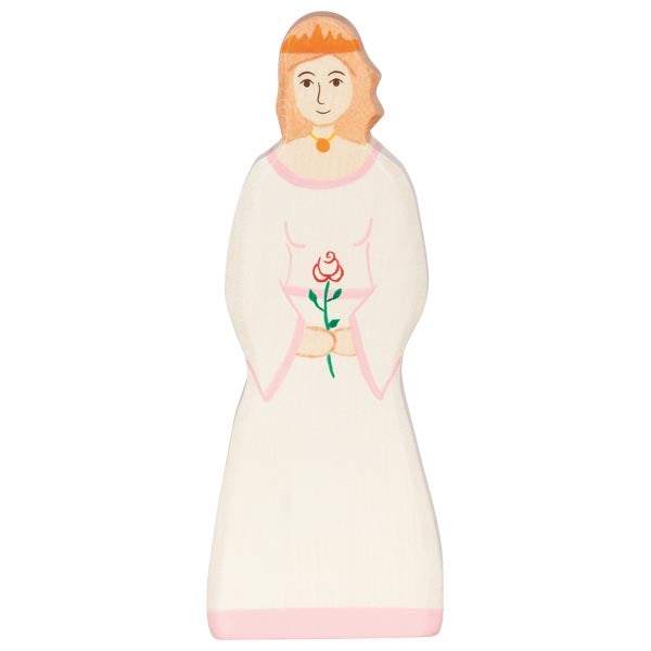 Wooden doll with a dress featuring a rose design on a white background