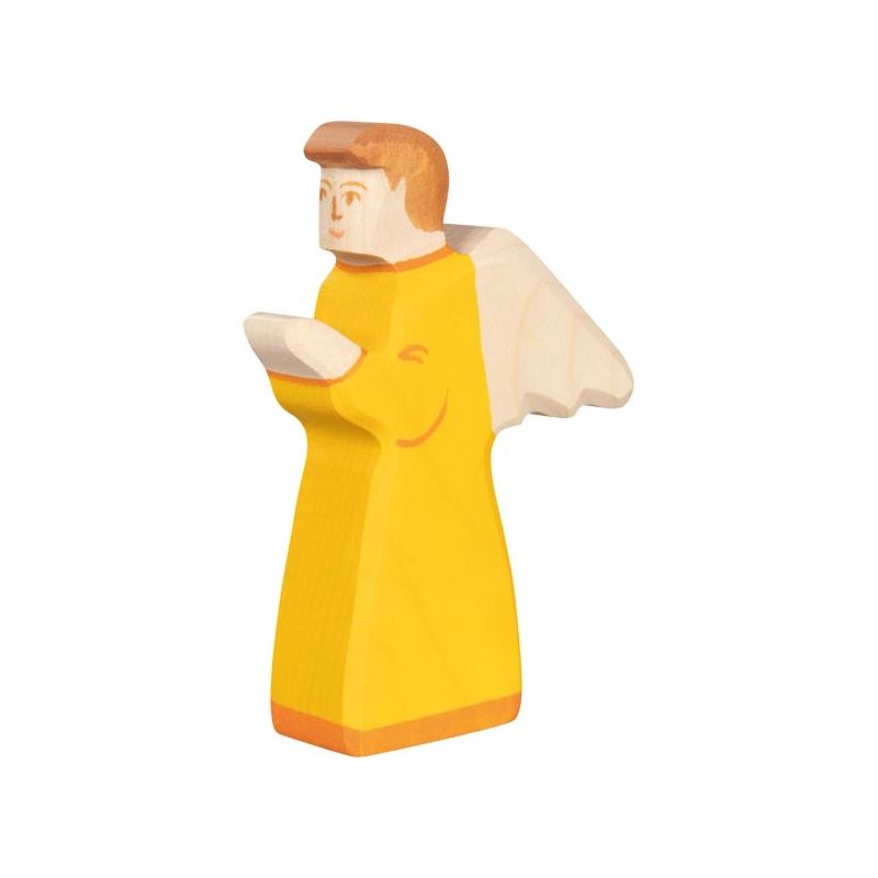 Wooden angel figurine with a yellow robe on a white background