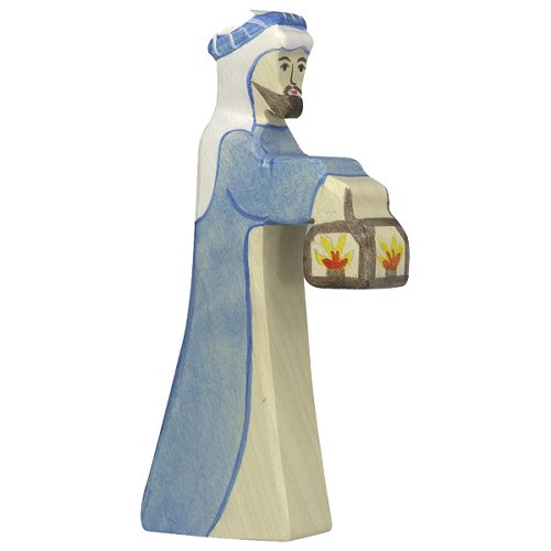 Wooden figurine of a character in blue and beige robes holding a basket with flowers on a white background