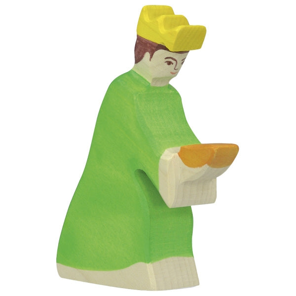 Wooden figurine of a character in a green robe and yellow hat on a white background