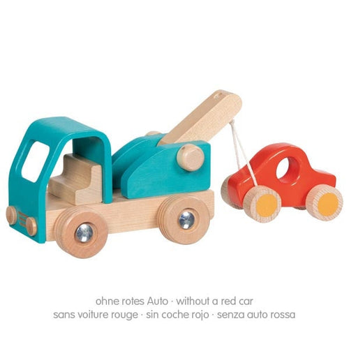 Wooden toy tow truck with a smaller red car on a white background