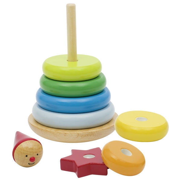Colourful wooden stacking toy with additional pieces on a white background
