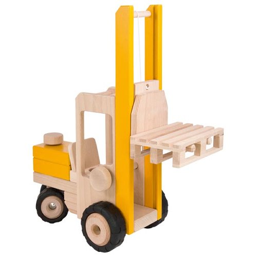 Wooden toy forklift with yellow forks on a white background