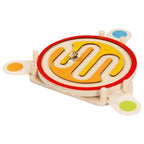 Colorful wooden maze toy on a white background