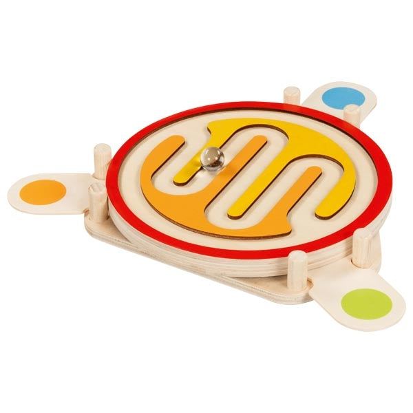 Colorful wooden maze toy on a white background