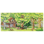 Cartoon-style illustration of a house, trees, and an owl in a forest setting.
