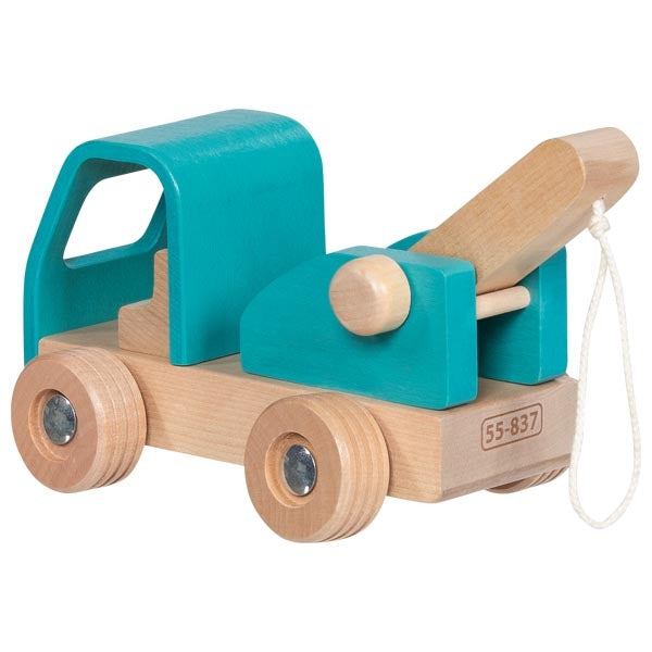 Wooden toy truck with teal bed and natural wood body on a white background