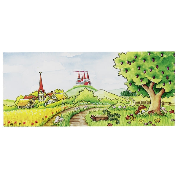 Cartoon landscape with houses, trees, and a train on a white background