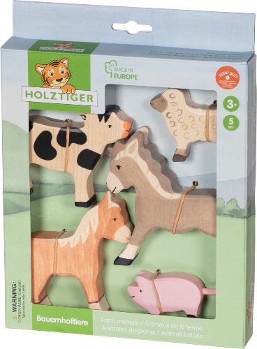 Packaged set of wooden farm animal toys by Holztiger with a clear window showing the toys inside.
